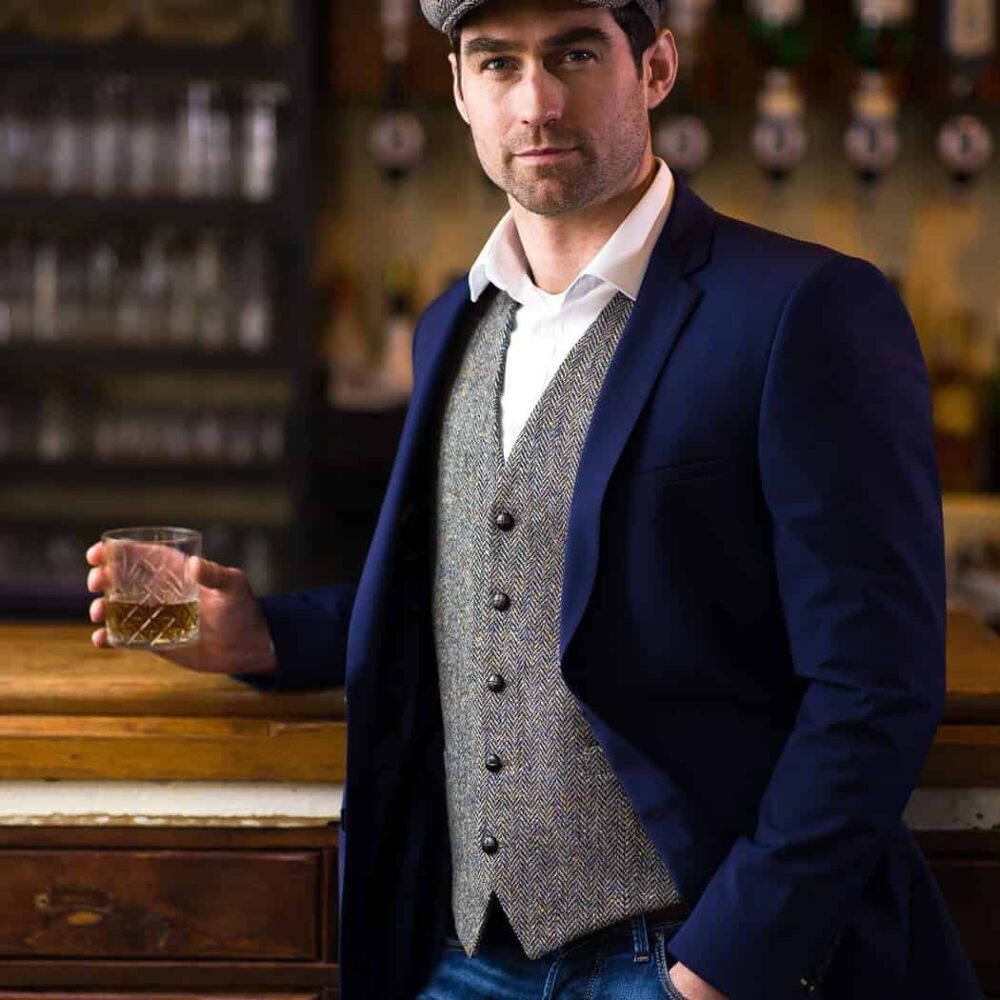Irish Tweed Vest For Men - Light Gray Herringbone