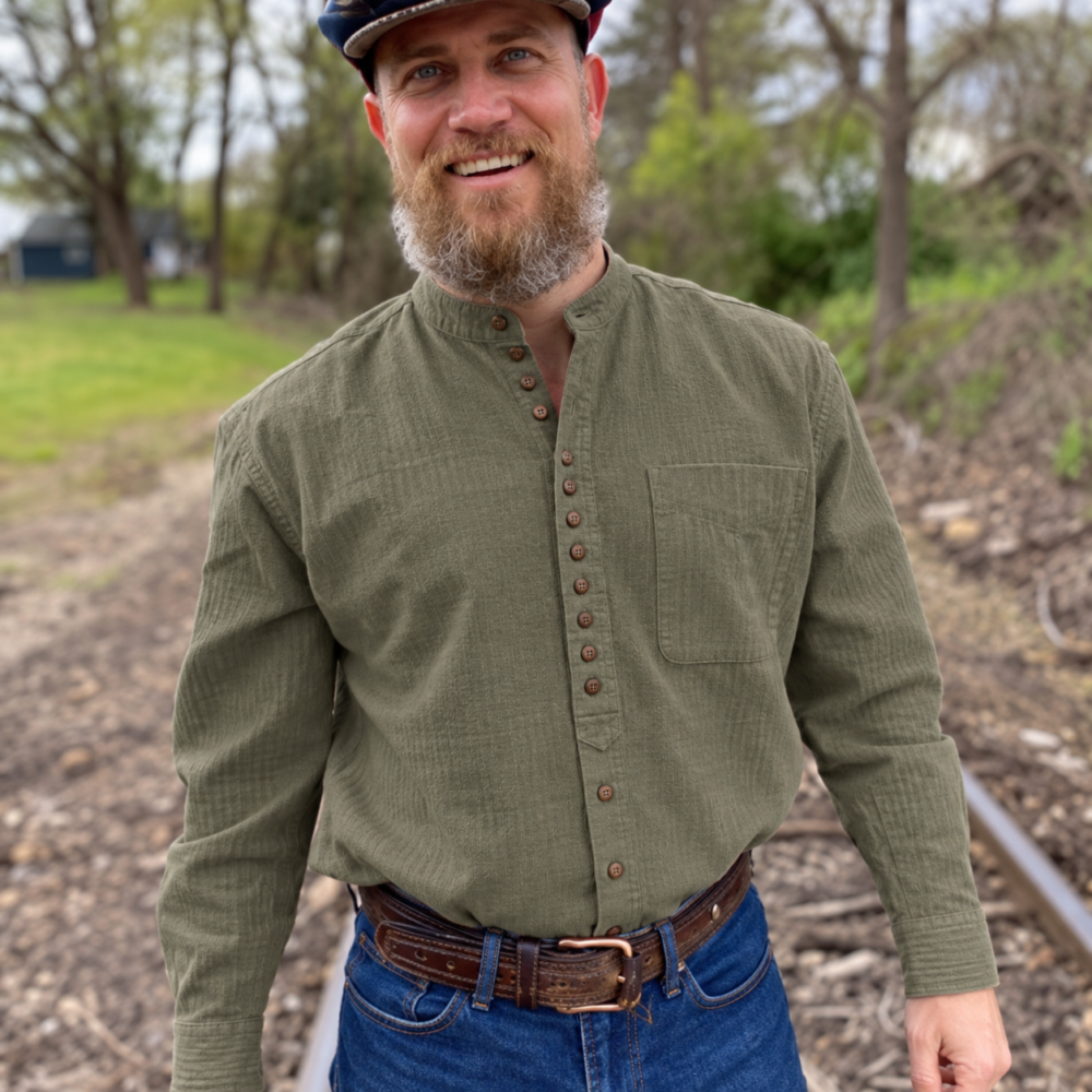 Collarless Irish Grandfather Shirt - Olive Green