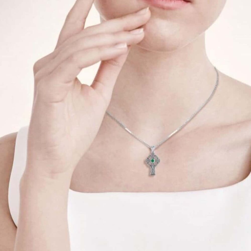 Celtic Knotwork Silver Cross Pendant- Emerald Green Gemstone