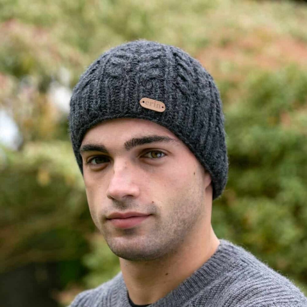 Aran Cable Knit Wool Cap- Charcoal