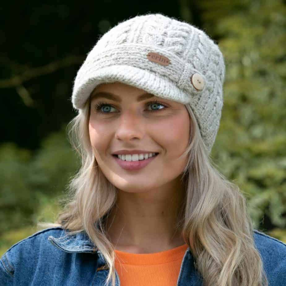 Cable Knit Wool Peak Cap For Women - Natural