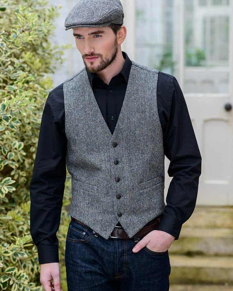 Irish Tweed Vest For Men - Light Gray Herringbone