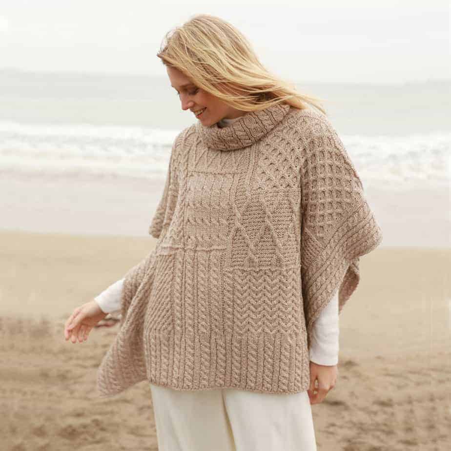 Cowl Neck Irish Wool Poncho - Wicker