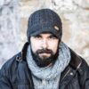 Aran Cable Knit Peak Hat Charcoal Gray | Front view