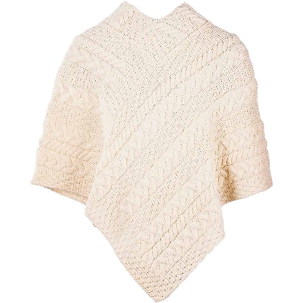 Ladies Cable Knit Poncho With Buttons - Natural