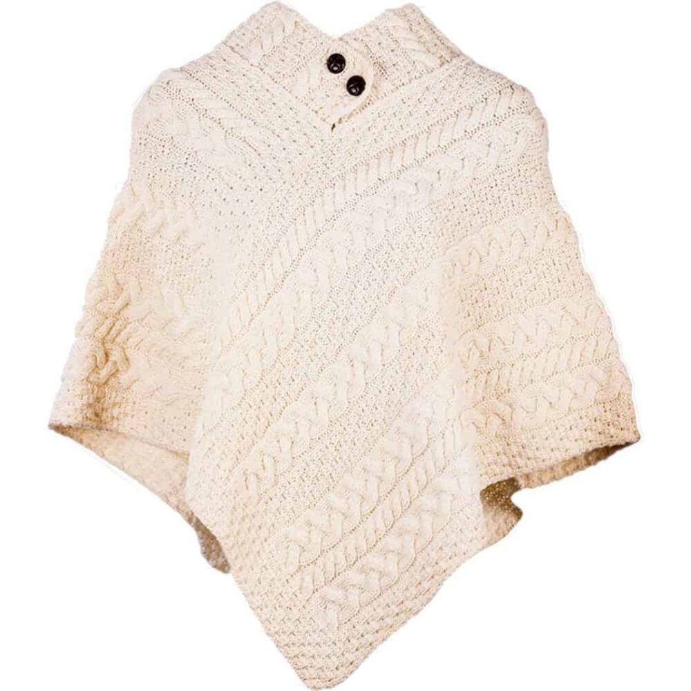 Ladies Cable Knit Poncho With Buttons - Natural