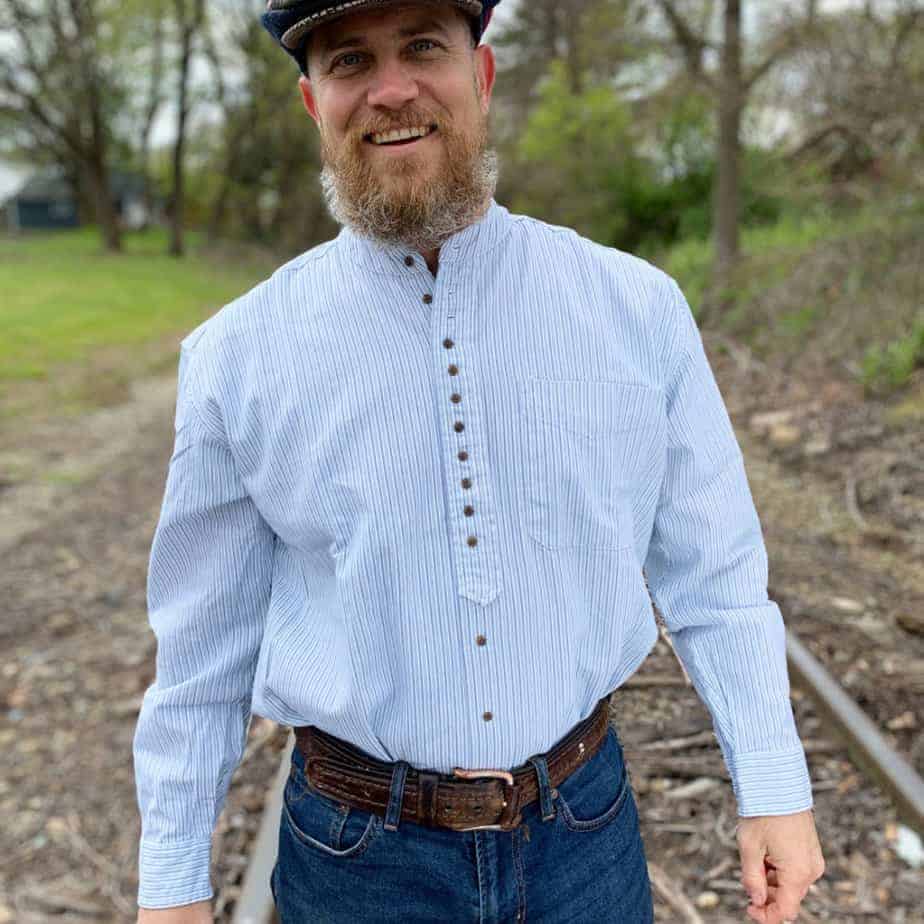 Collarless Irish Grandfather Shirt - Blue & Green Pinstripe