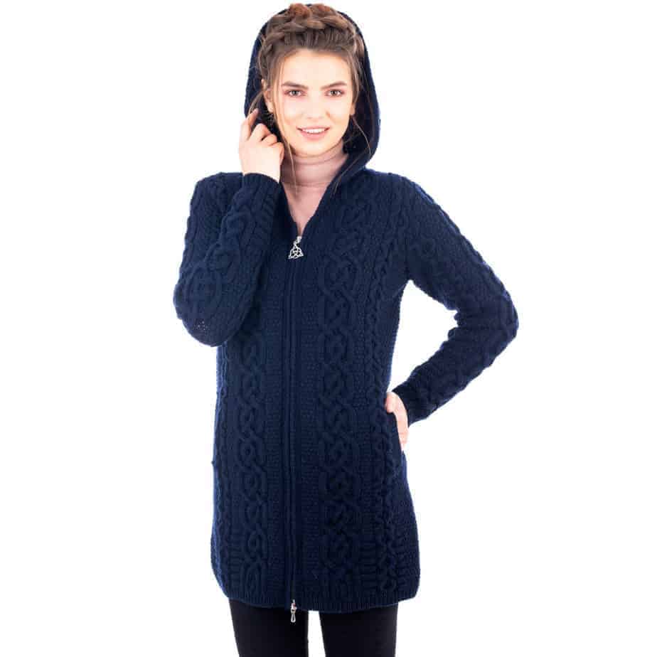 Ladies Celtic Aran Sweater Jacket - Full Length Double Zipper