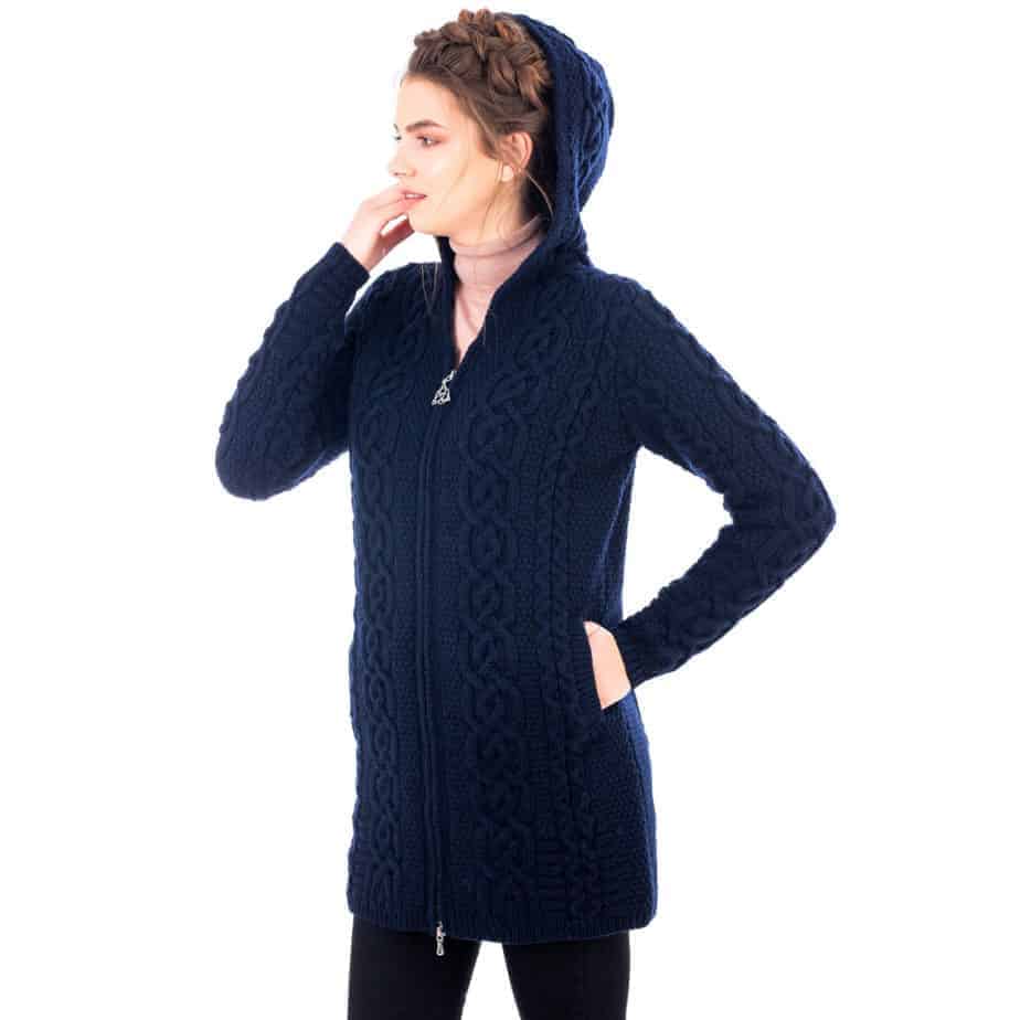 Ladies Celtic Aran Sweater Jacket - Full Length Double Zipper