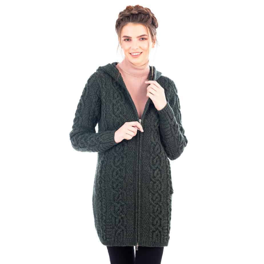 Ladies Celtic Aran Sweater Jacket - Full Length Double Zipper