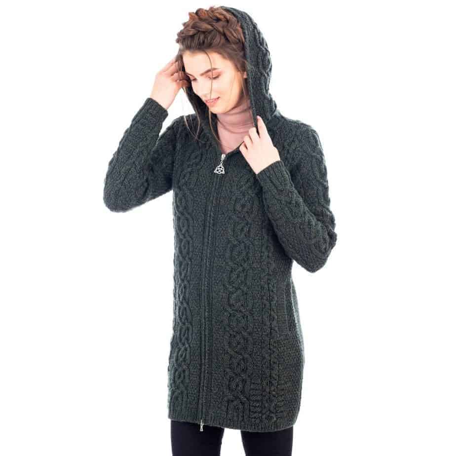 Ladies Celtic Aran Sweater Jacket - Full Length Double Zipper