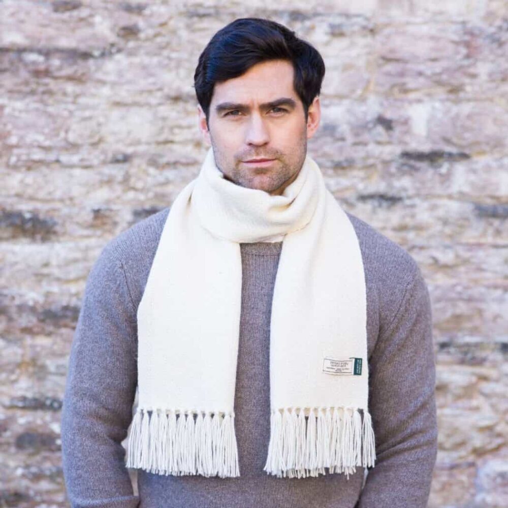 Classic Irish Wool Herringbone Scarf - Natural