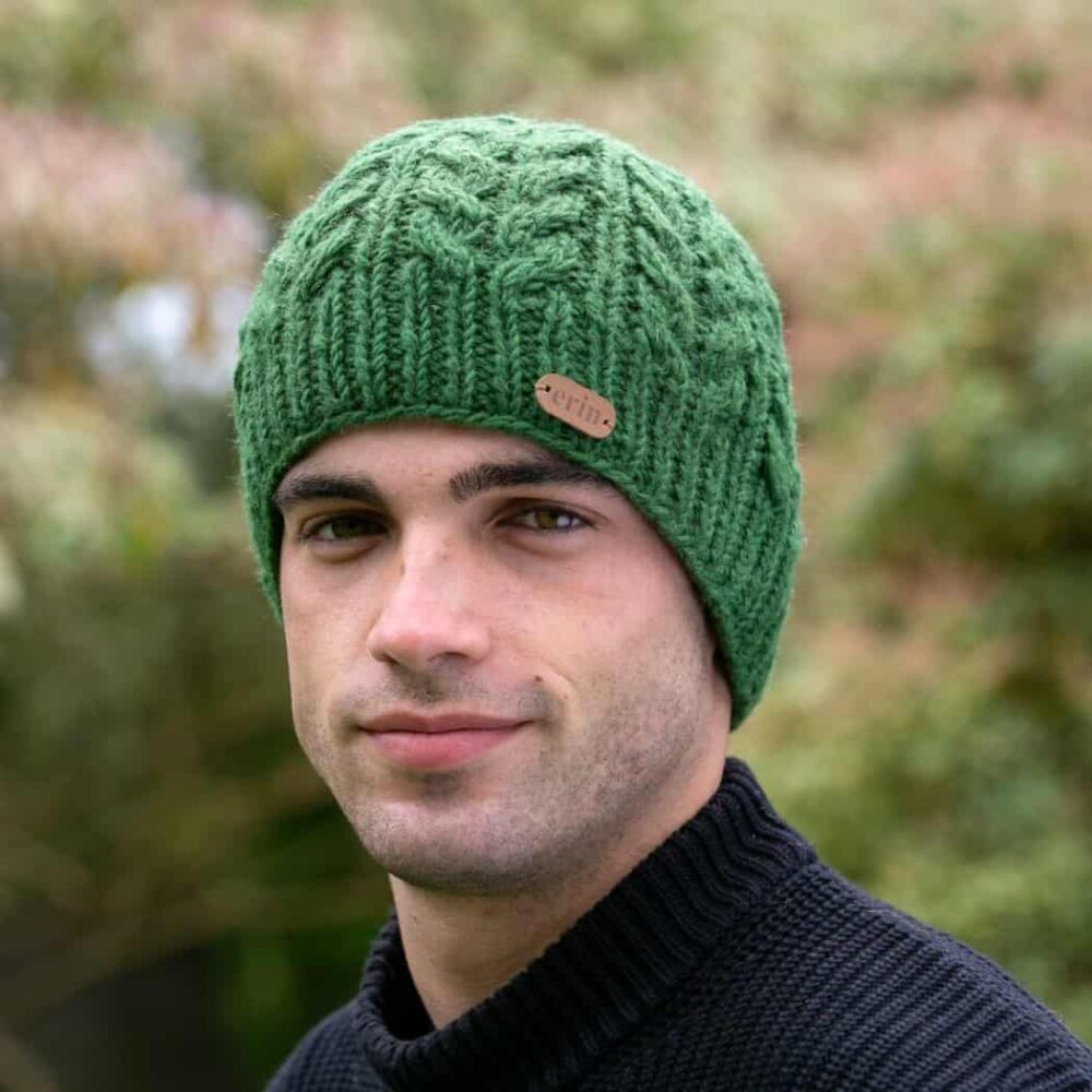 Aran Cable Knit Wool Cap - Green