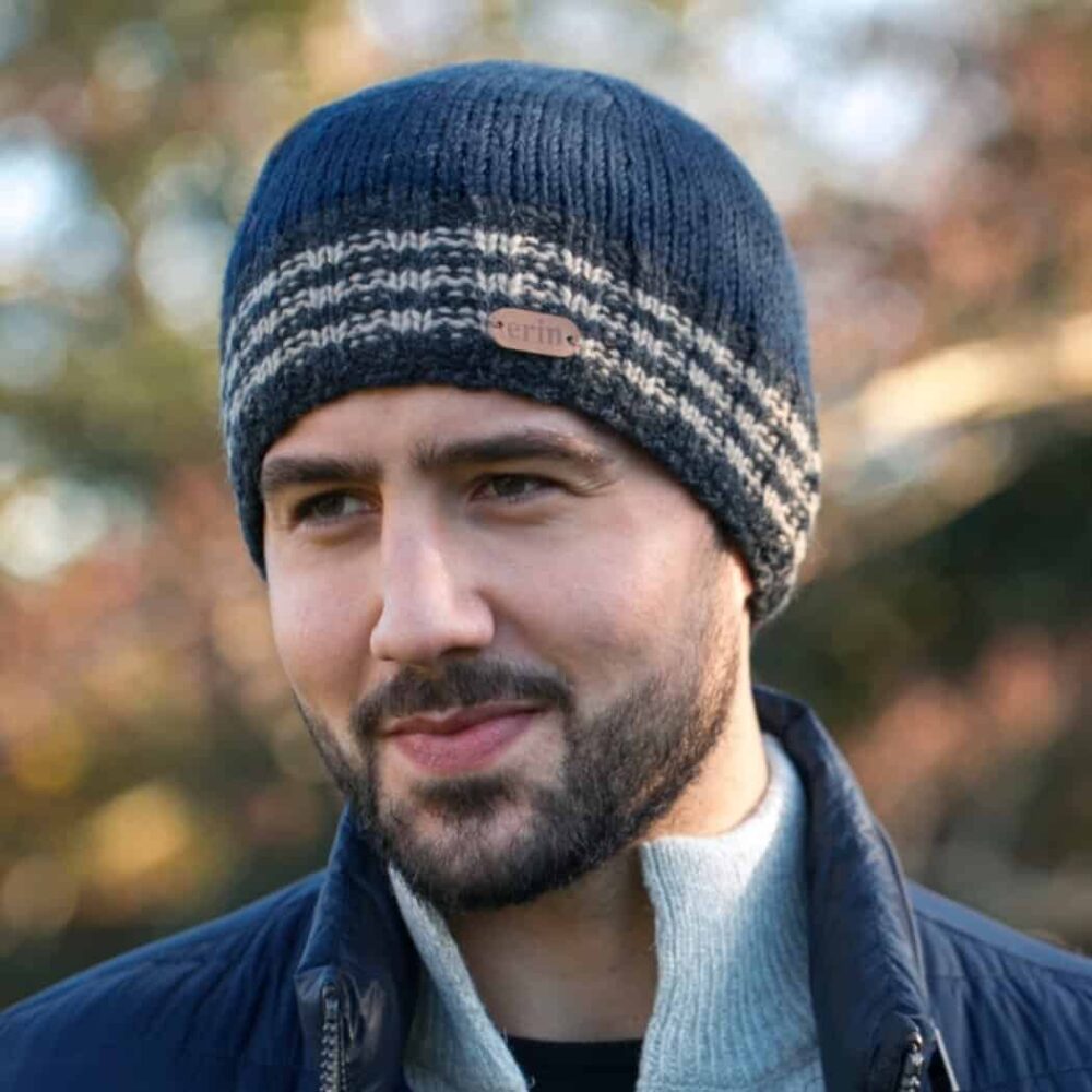 Irish Wool Fisherman's Knit Beanie Hat with Trim - Blue