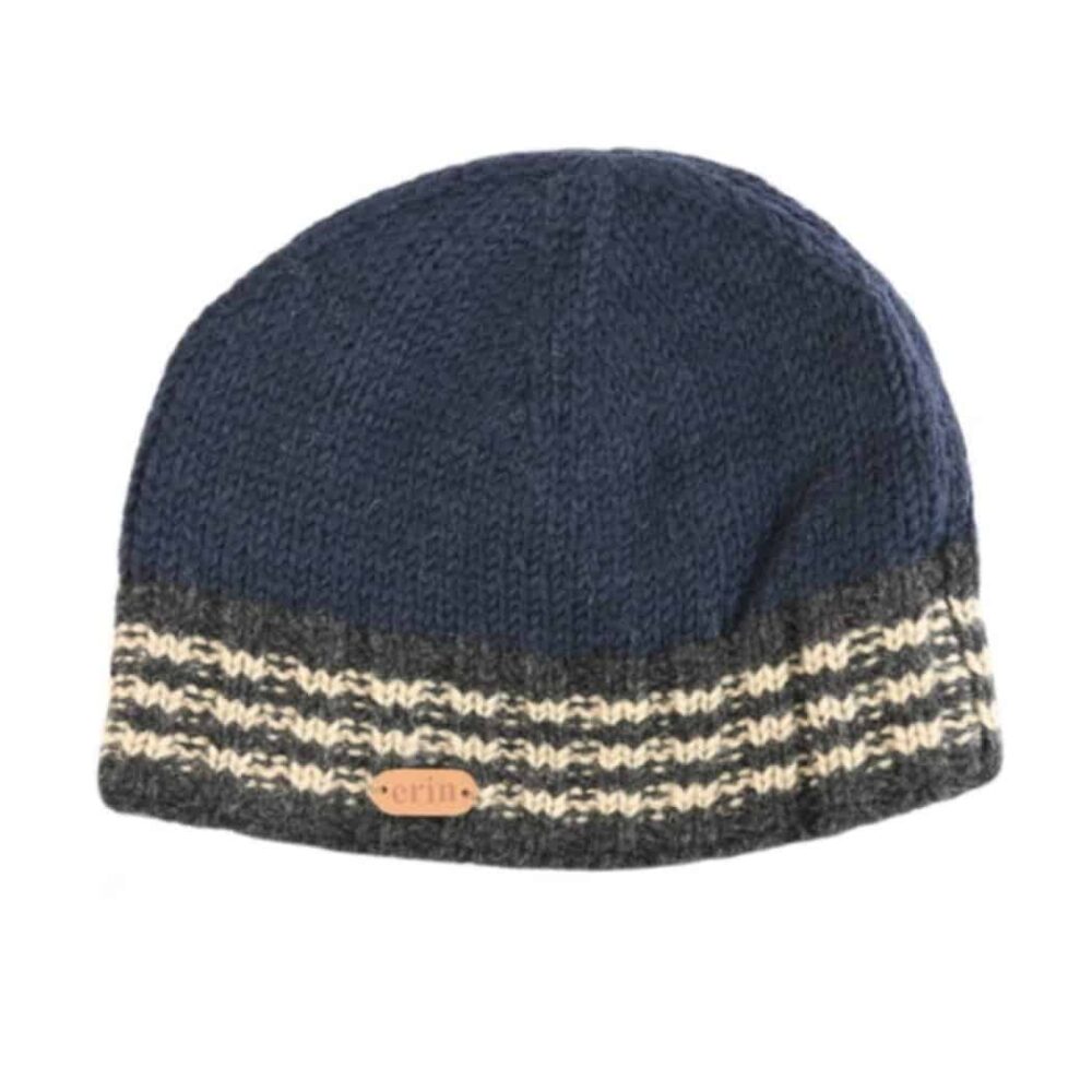 Irish Wool Fisherman's Knit Beanie Hat with Trim - Blue