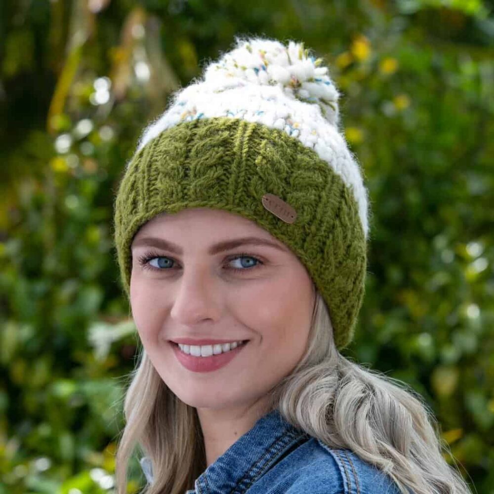 Irish Cable Knit Bobble Hat - Flecked Green