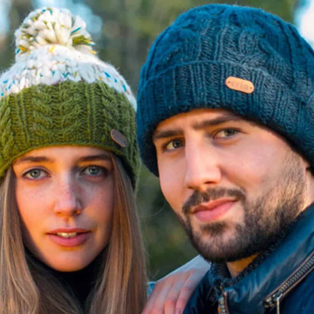 Irish Cable Knit Bobble Hat - Flecked Green