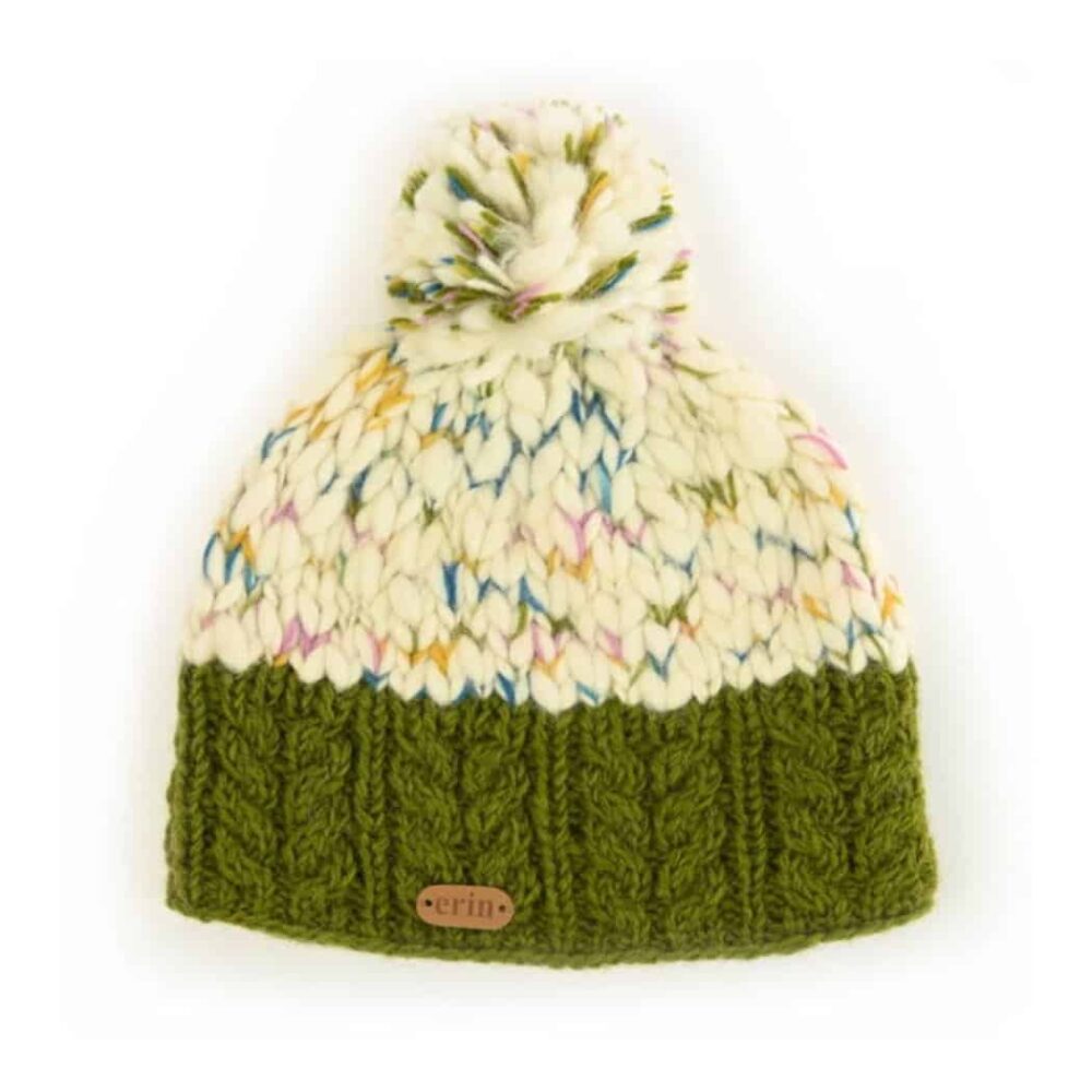 Irish Cable Knit Bobble Hat - Flecked Green