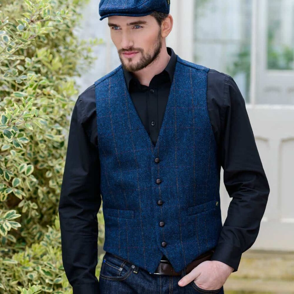 Men's Tweed Vest and Irish Wool Hat - Blue