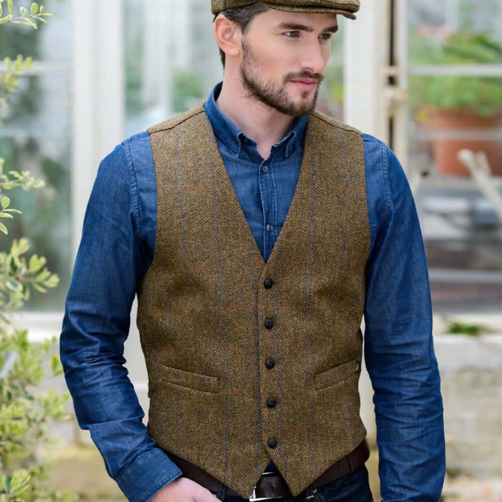 Brown Irish Vest for Men with Wool Flat Cap