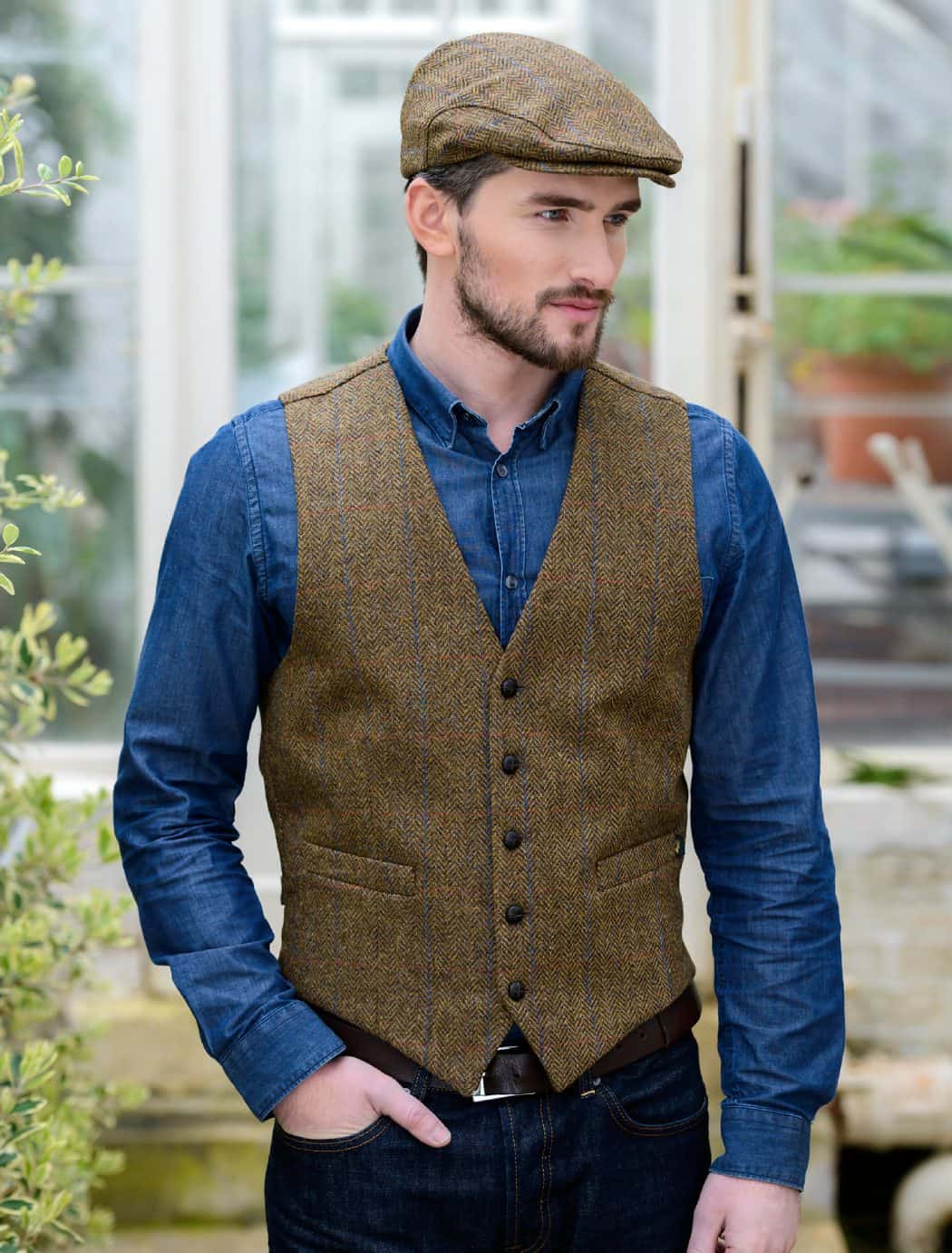 Brown Irish Vest for Men with Wool Flat Cap |