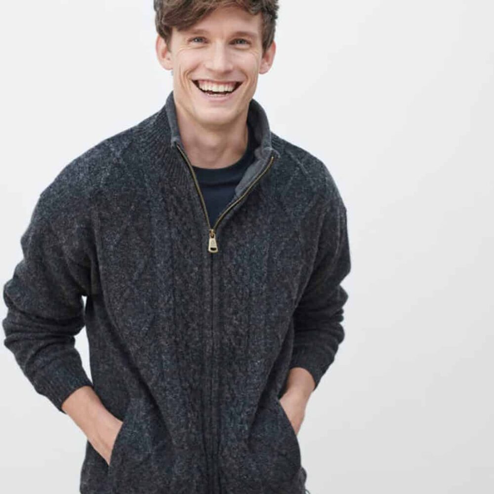 Irish Wool Aran Zip Up Cardigan For Men - Gray