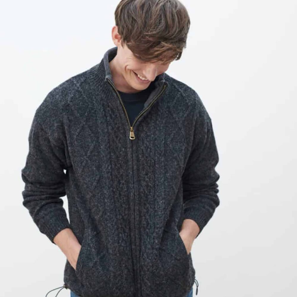 Irish Wool Aran Zip Up Cardigan For Men - Gray
