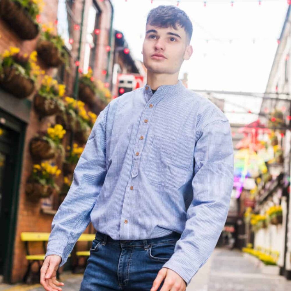 Classic Grandfather Shirt - Blue & White 8-Button