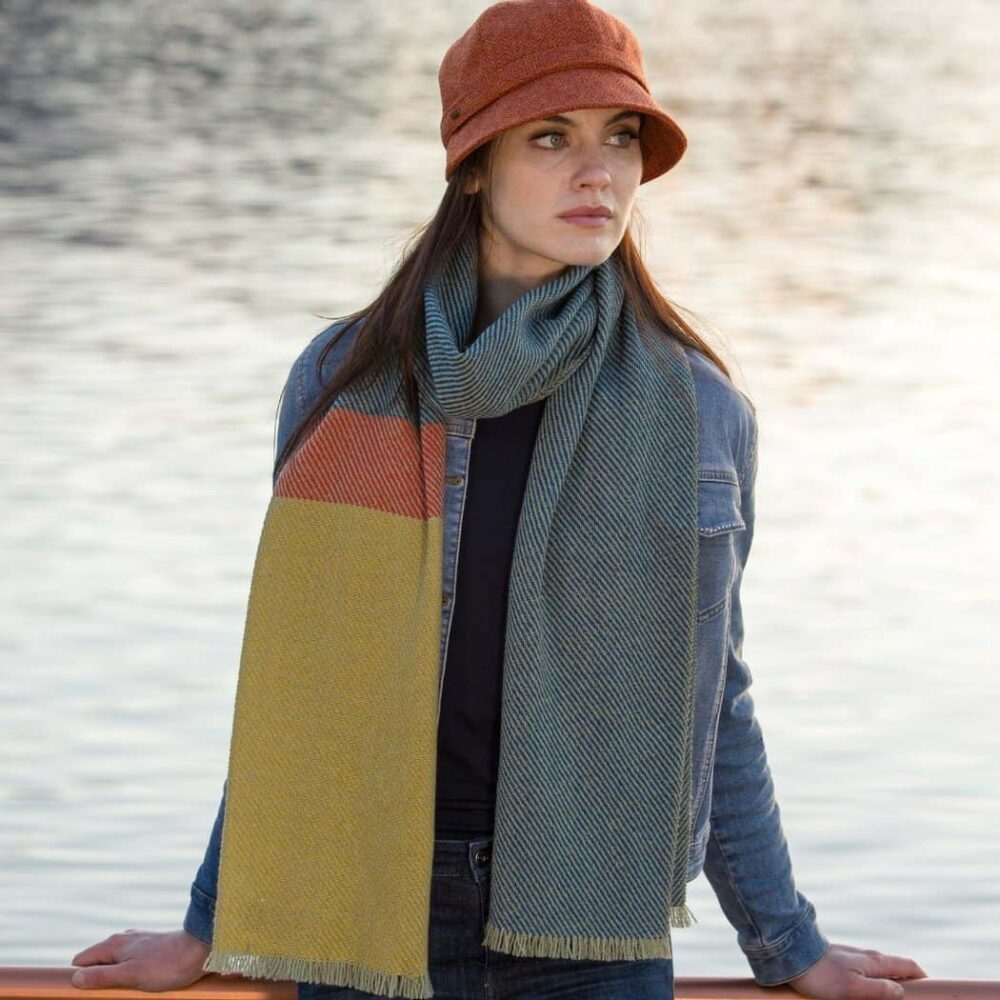 Luxuriously Soft Merino Colorblock Scarf - Blue/Yellow/Orange