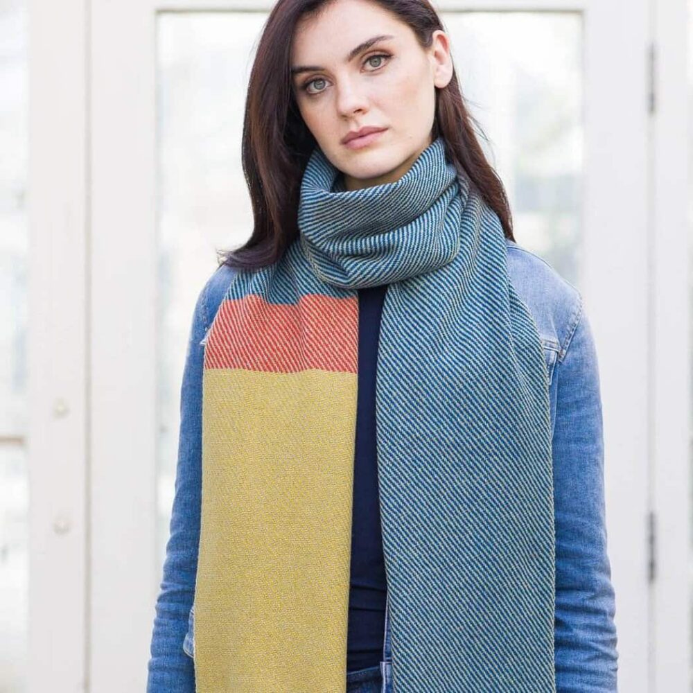 Luxuriously Soft Merino Colorblock Scarf - Blue/Yellow/Orange