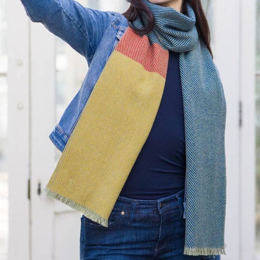 Luxuriously Soft Merino Colorblock Scarf - Blue/Yellow/Orange