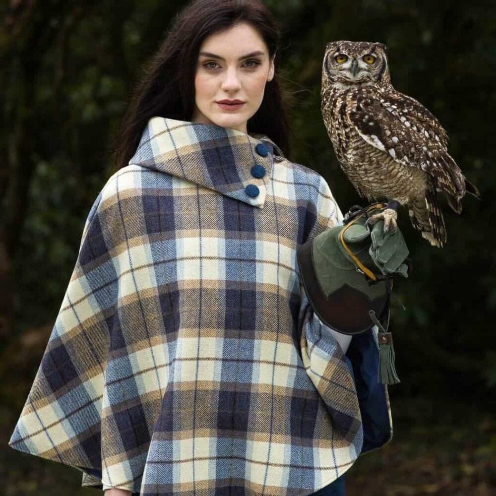 Ladies Three Button Wool Poncho - Blue Plaid