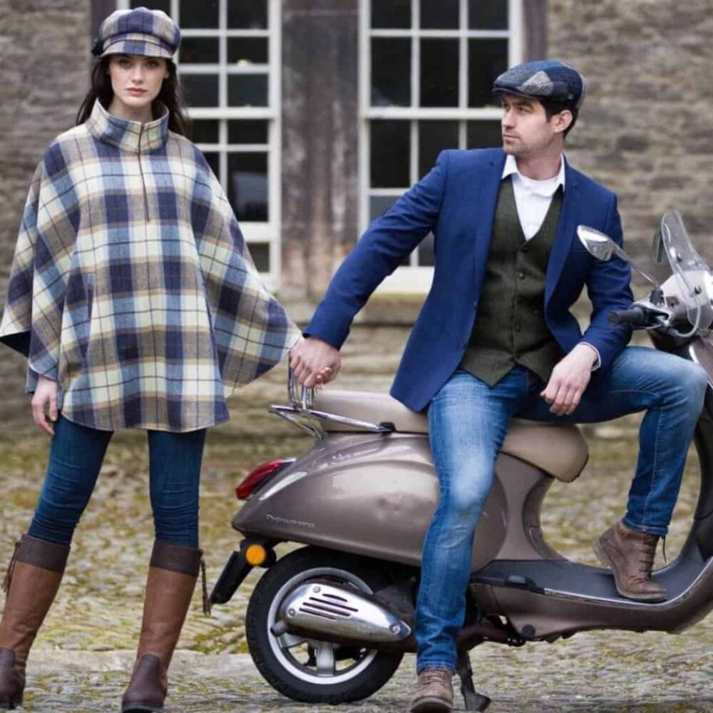 Ladies Half Zip Tweed Poncho - Blue Plaid