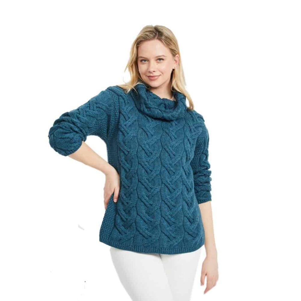 Irish Supersoft Chunky Knit Cowl Neck Sweater - Blue