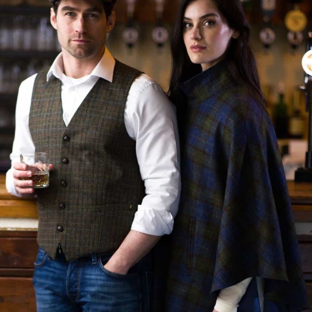 Ladies Half Zip Tweed Poncho - Scots-Irish Plaid Design