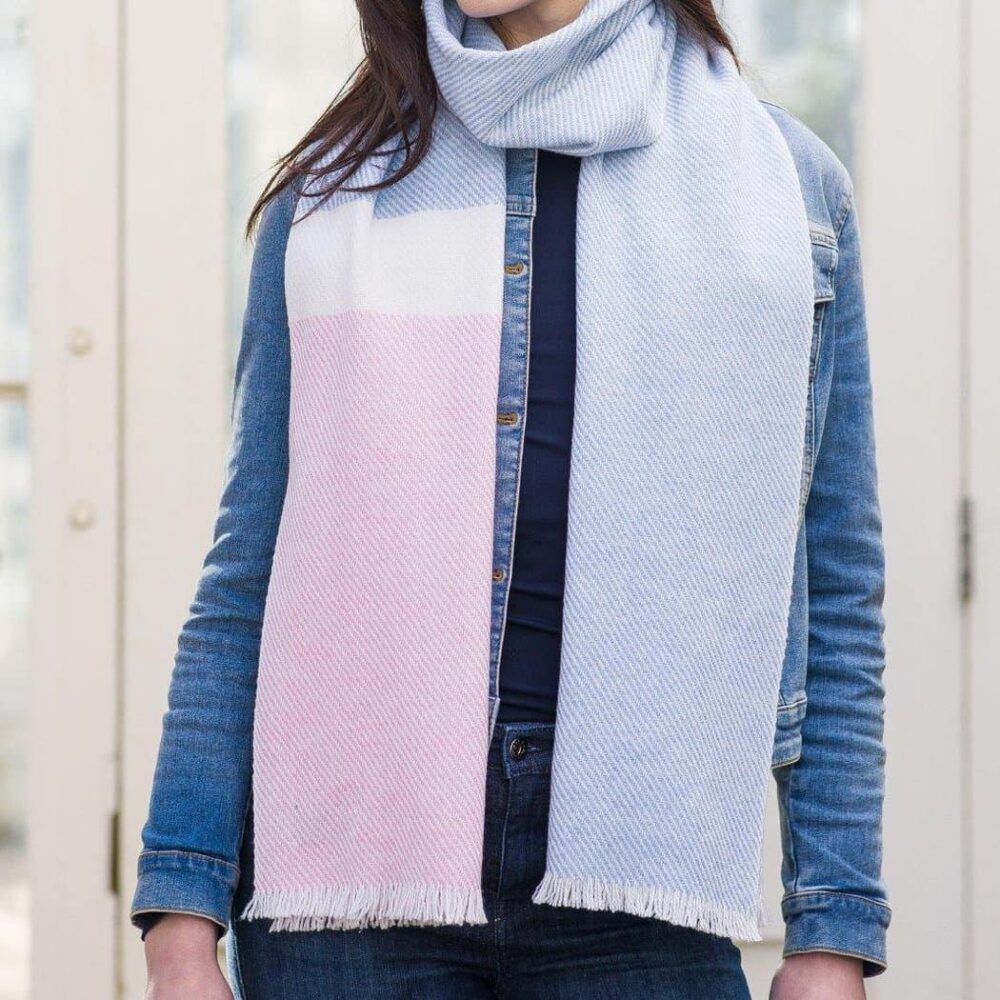 Luxuriously Soft Merino Colorblock Scarf - Blue/Pink/White