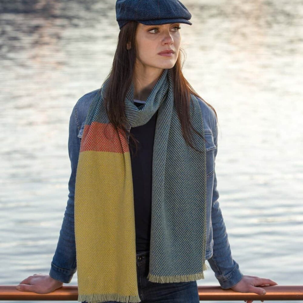 Luxuriously Soft Merino Colorblock Scarf - Blue/Yellow/Orange