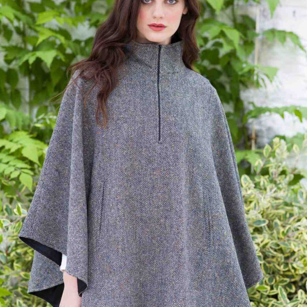 Ladies Half Zip Tweed Poncho - Gray Herringbone