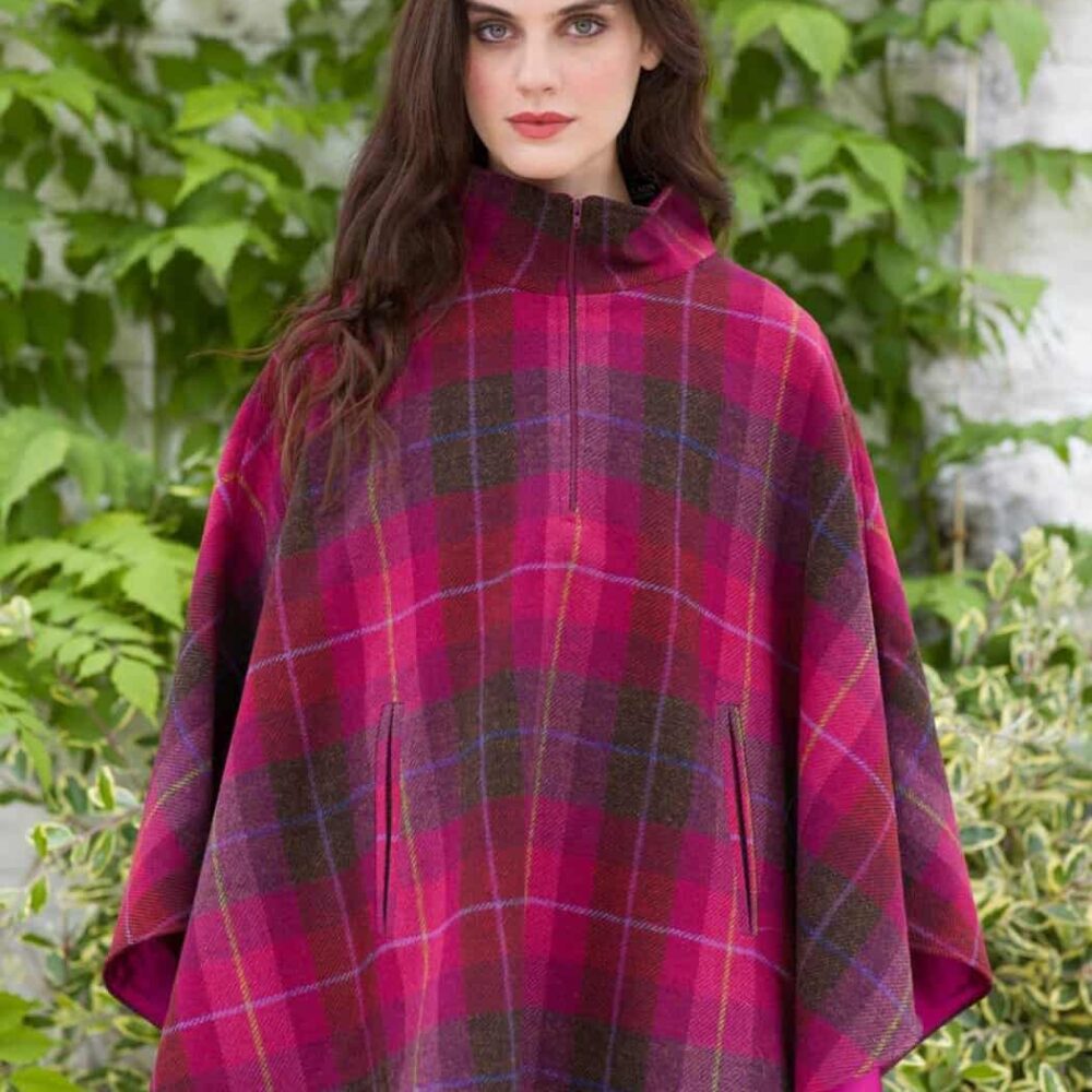 Ladies Half Zip Tweed Poncho - Red Plaid