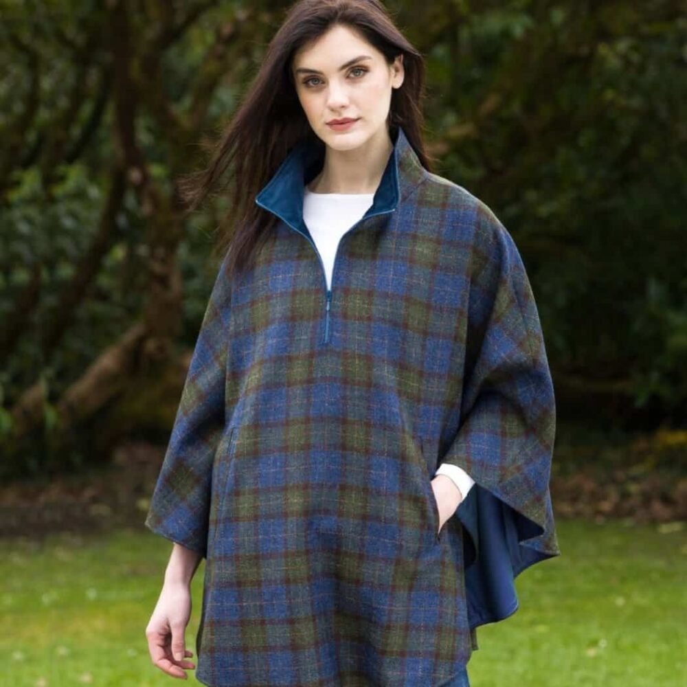 Ladies Half Zip Tweed Poncho - Scots-Irish Plaid Design