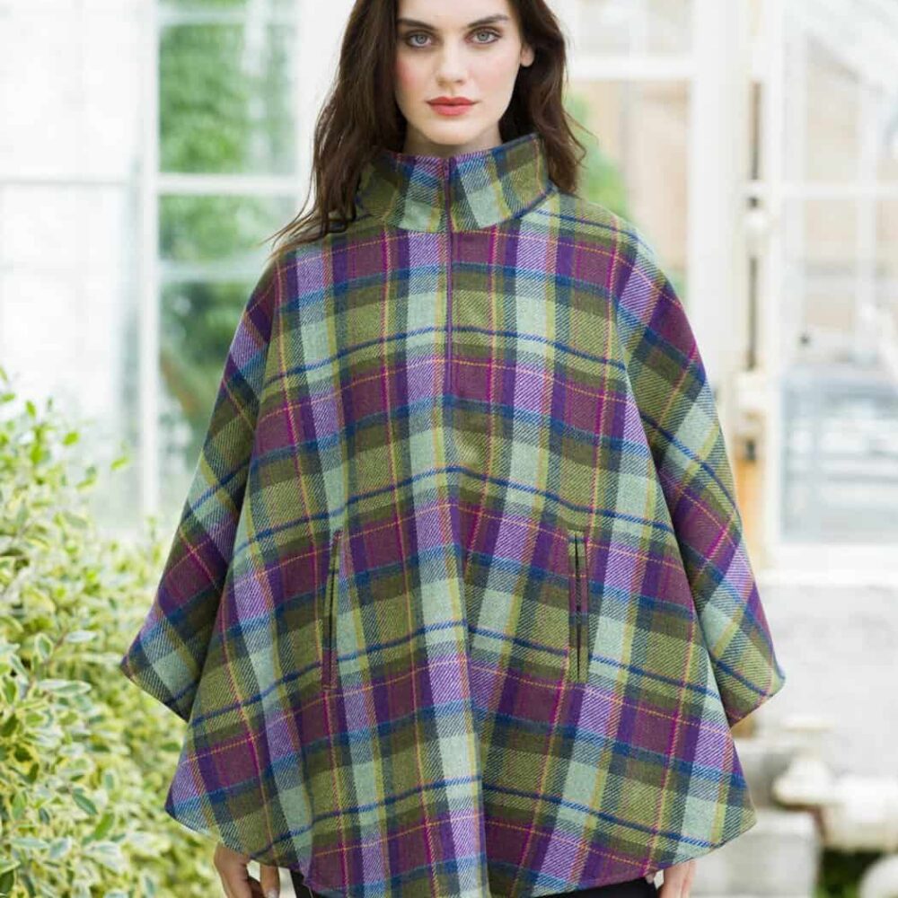 Ladies Irish Wool Plaid Half Zip Poncho
