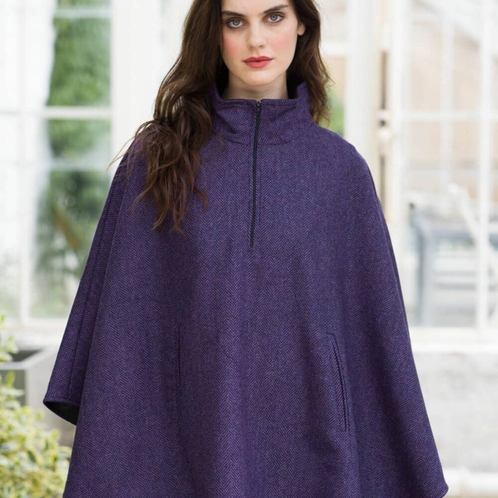 Ladies Irish Wool Half Zip Poncho - Purple Herringbone