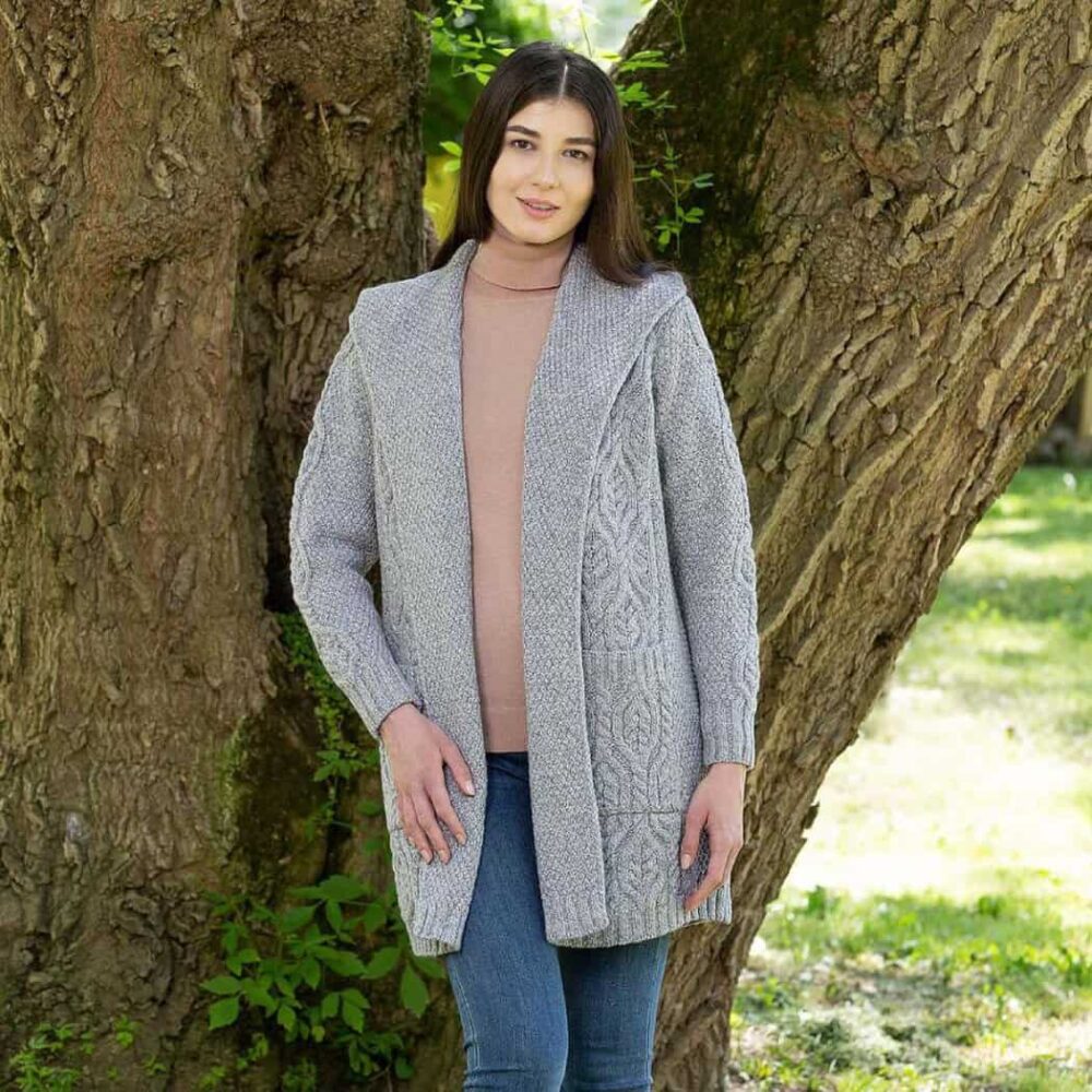 Ladies Long Celtic Cardigan with Hood - Gray