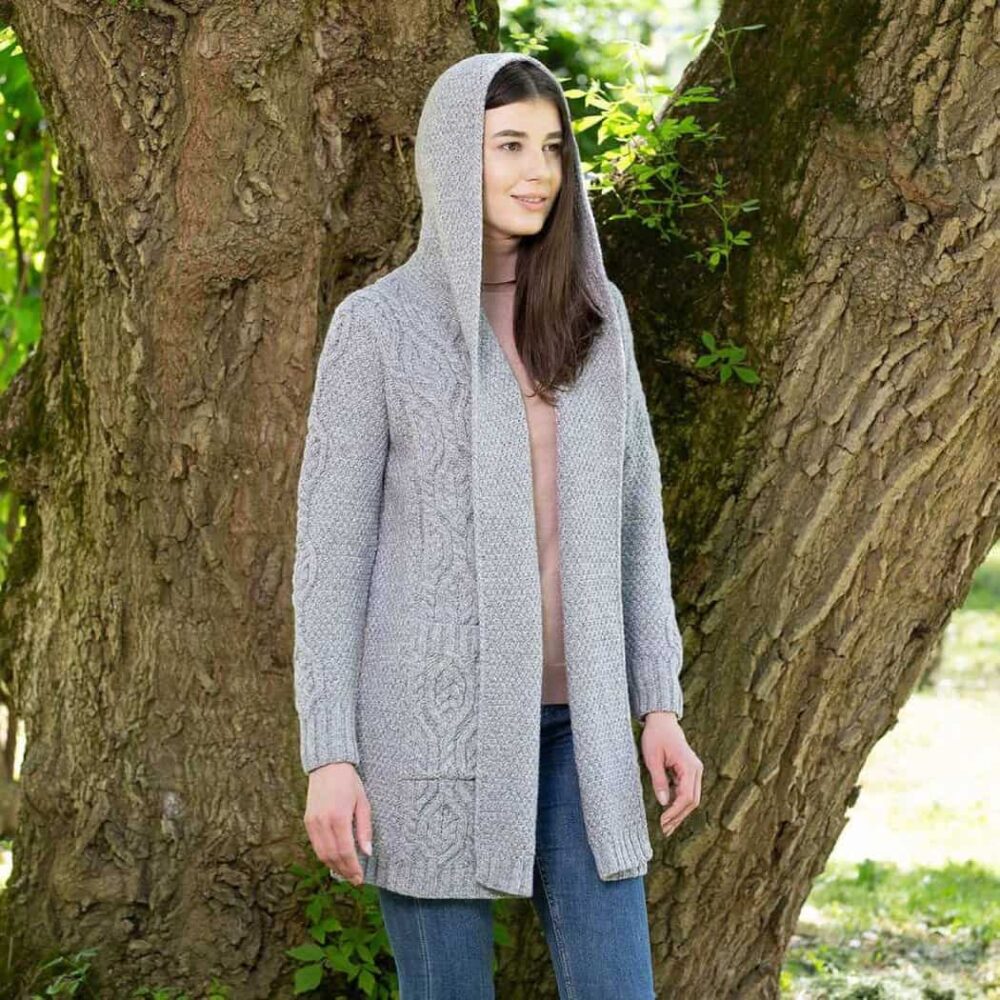 Ladies Long Celtic Cardigan with Hood - Gray
