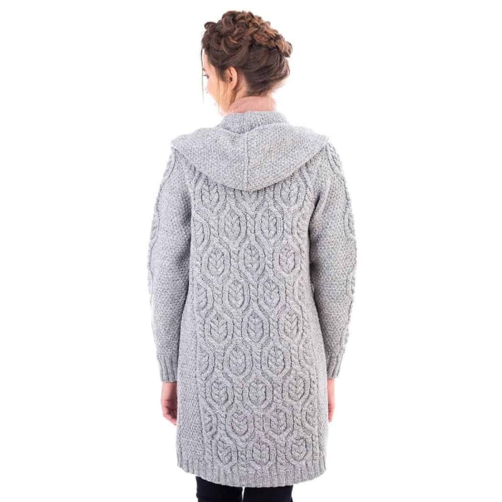 Ladies Long Celtic Cardigan with Hood - Gray