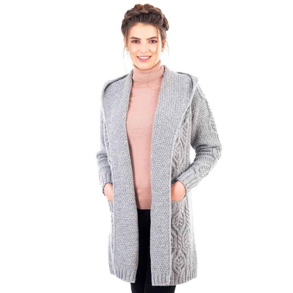 Ladies Long Celtic Cardigan with Hood - Gray