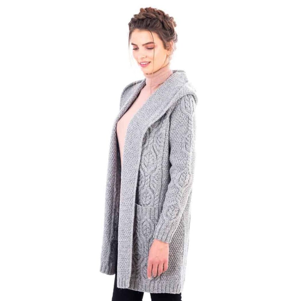 Ladies Long Celtic Cardigan with Hood - Gray