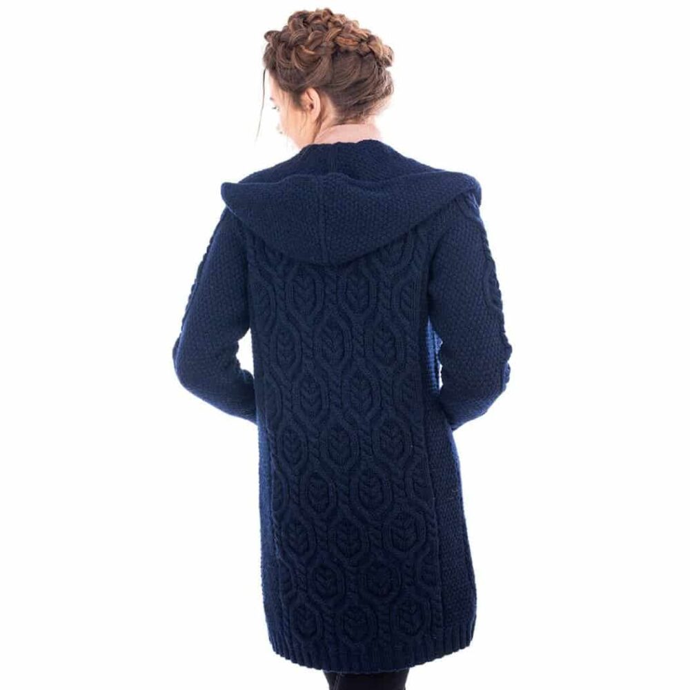 Ladies Long Celtic Cardigan with Hood - Navy