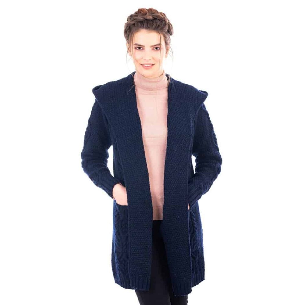 Ladies Long Celtic Cardigan with Hood - Navy