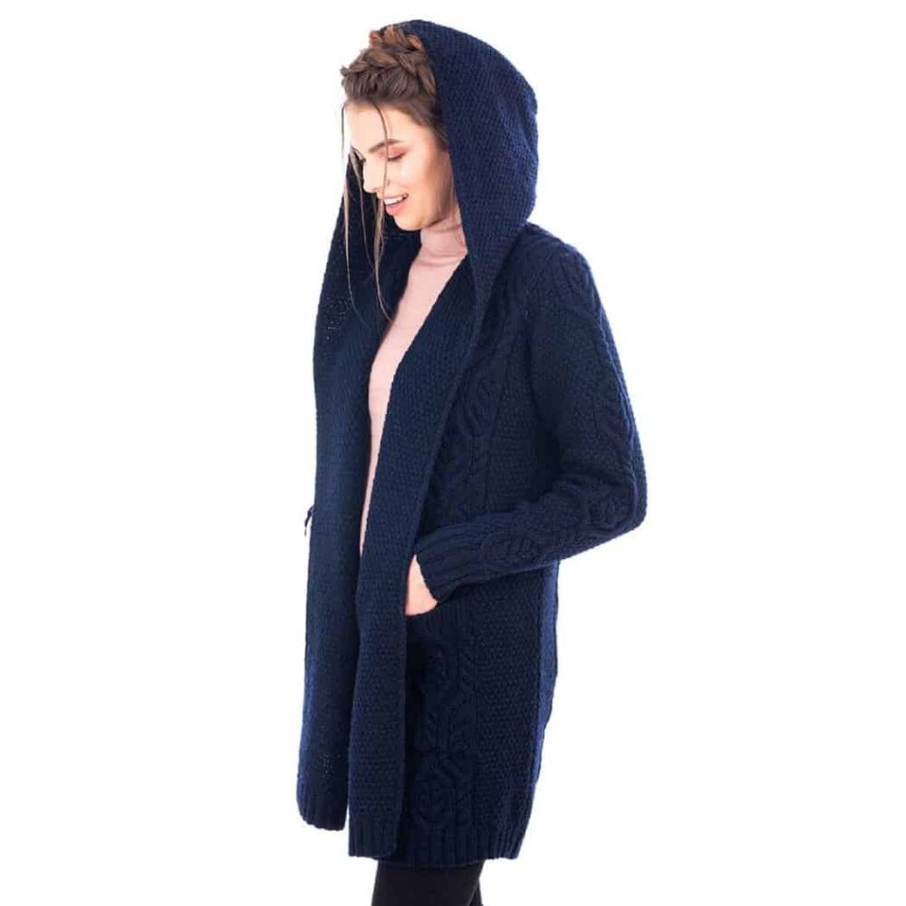 Ladies Long Celtic Cardigan with Hood - Navy